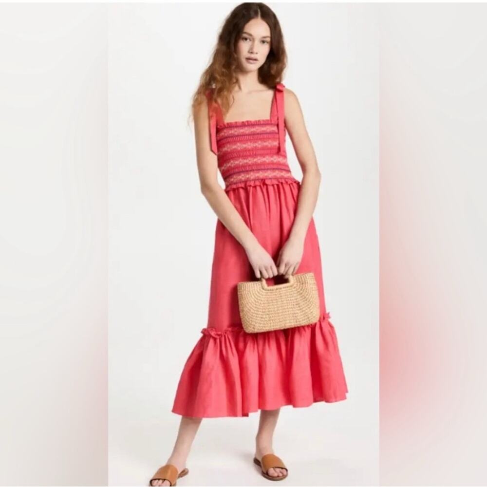 NWT Cara Cara Smocked 100% Linen Tie-Strap Jenny Dress Size Medium Coral